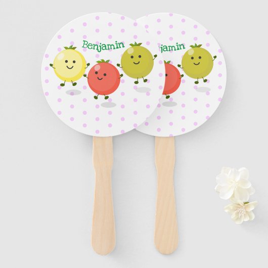 かわいいさくらんぼトマト漫画イラストレーション ハンドファン (正面&裏面)