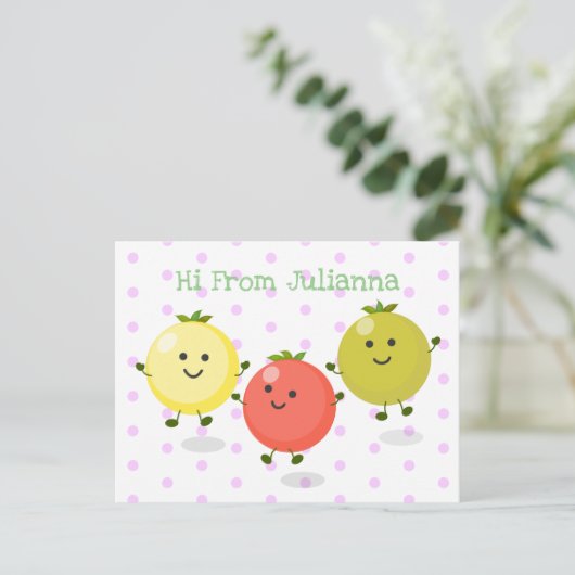 かわいいさくらんぼトマト漫画イラストレーション ポストカード (スタンド正面)