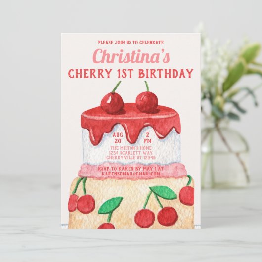 かわいいさくらんぼファーストスウィートワン誕生日 招待状 (スタンド正面)