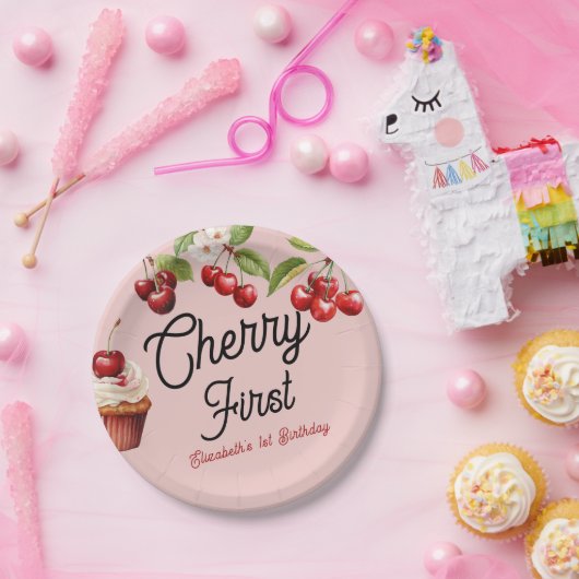 かわいいさくらんぼ第1位ガーリー誕生日ピンク ペーパープレート (パーティー)