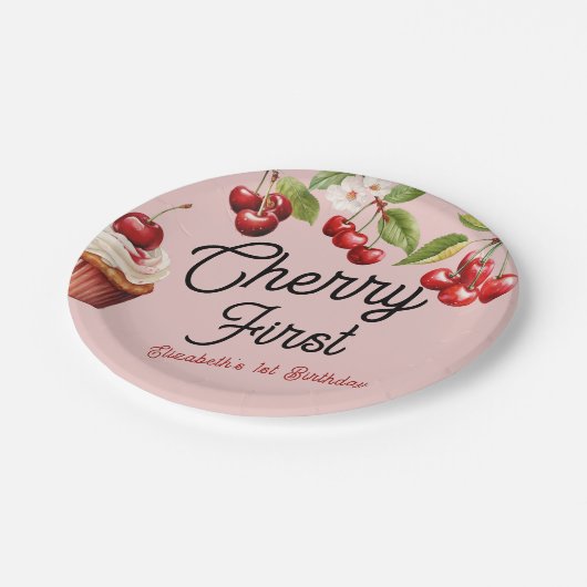 かわいいさくらんぼ第1位ガーリー誕生日ピンク ペーパープレート (アングル)