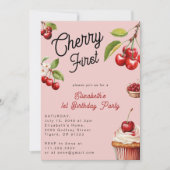 かわいいさくらんぼ第1位ガーリー誕生日ピンク 招待状 (正面)
