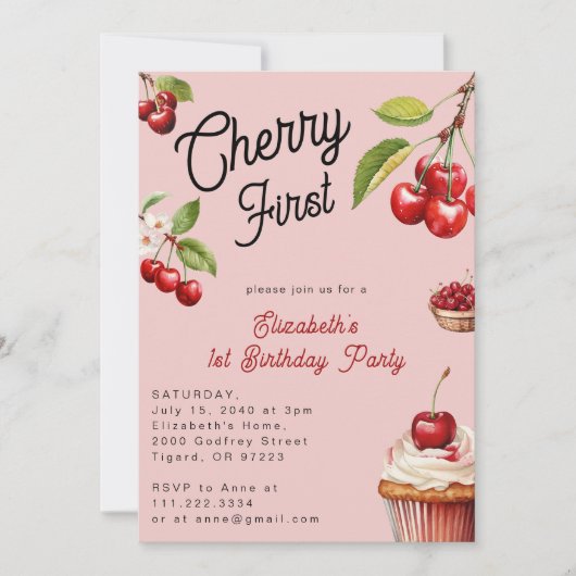 かわいいさくらんぼ第1位ガーリー誕生日ピンク 招待状 (正面)