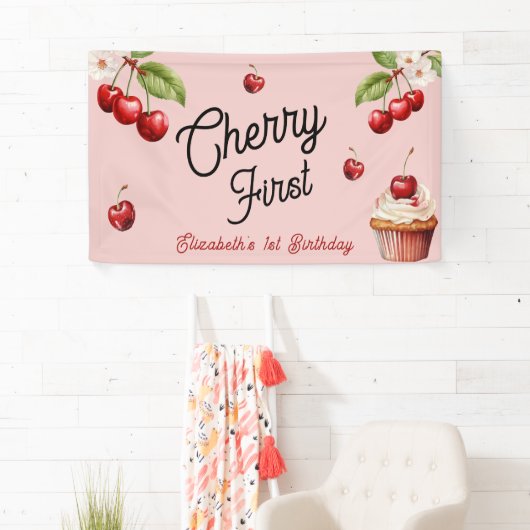 かわいいさくらんぼ第1位ガーリー誕生日ピンク 横断幕 (インサイチュ)