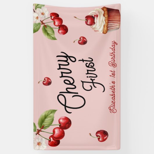 かわいいさくらんぼ第1位ガーリー誕生日ピンク 横断幕 (縦)