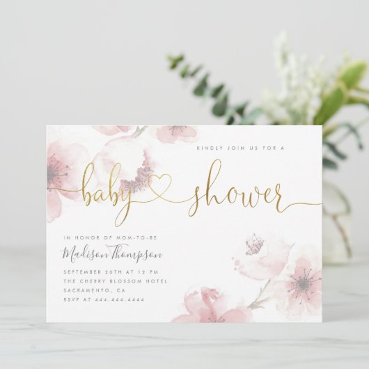 かわいいさくらんぼ花金ゴールドスクリプトフローラ赤ちゃんシャワー 招待状 (スタンド正面)