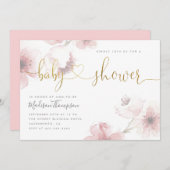 かわいいさくらんぼ花金ゴールドスクリプトフローラ赤ちゃんシャワー 招待状 (正面/裏面)