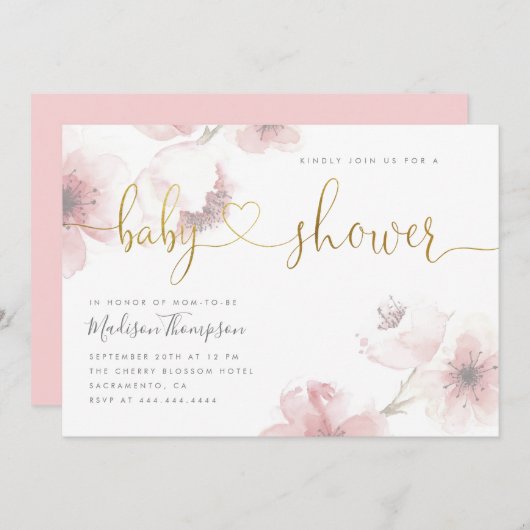 かわいいさくらんぼ花金ゴールドスクリプトフローラ赤ちゃんシャワー 招待状 (正面/裏面)