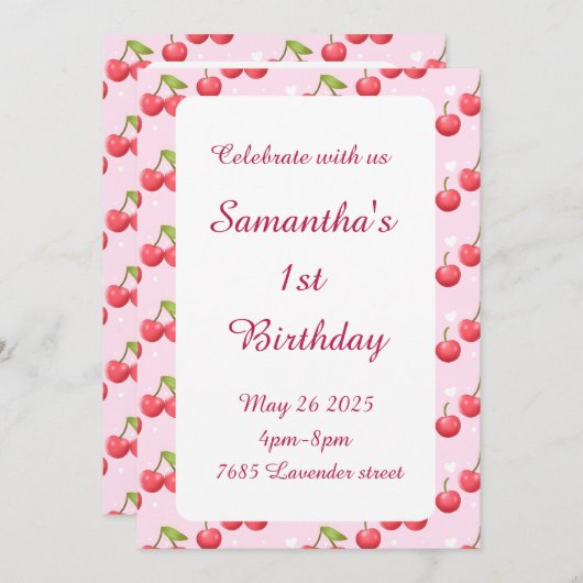 かわいいさくらんぼ1歳の誕生日パーティの招待状 招待状 (正面/裏面)