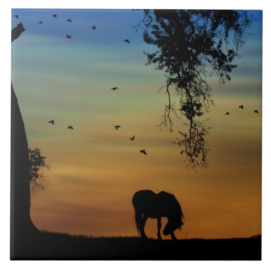 かわいいすごい馬とカシの木(鳥あり) タイル (正面)