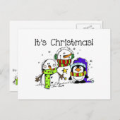 かわいいすてき雪だるまとペンギンクリスマス シーズンポストカード (正面/裏面)