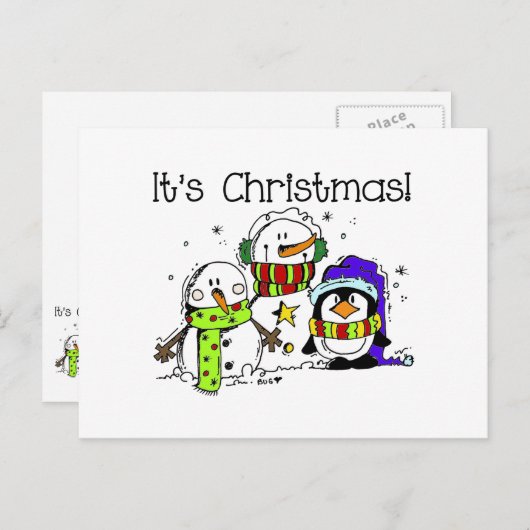 かわいいすてき雪だるまとペンギンクリスマス シーズンポストカード (正面/裏面)