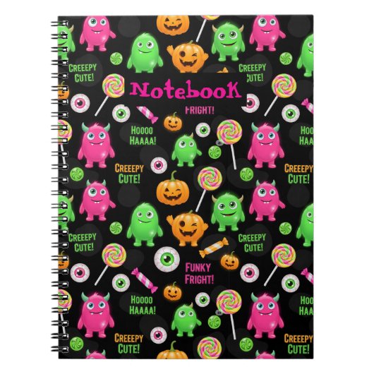 "かわいいぞっとする" モンスターとハロウィンの楽しみ シームレス ノートブック (正面)