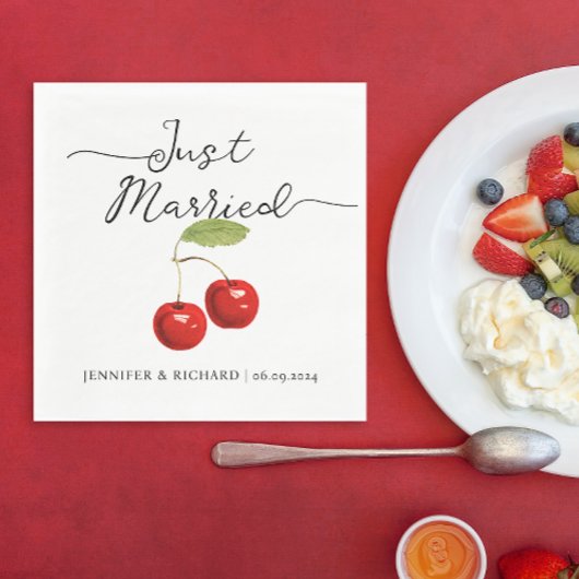かわいいたった今結婚しましたレトロレッドさくらんぼ結婚ズ スタンダードランチョンナプキン