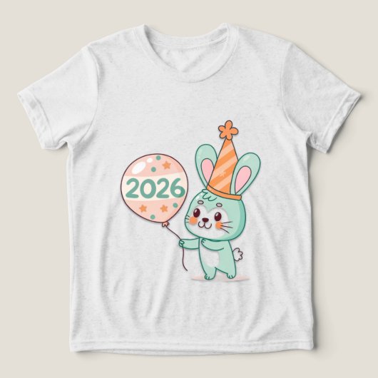 かわいいちびうさぎのキャラクターが2026年の風船を持っている トライブレンドTシャツ (デザイン正面)