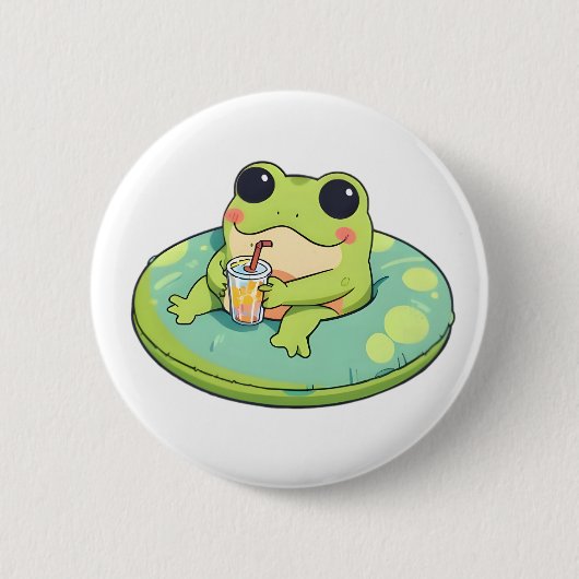 かわいいちびカエル 夏のプールの日 レモネードデザイン 缶バッジ (正面)