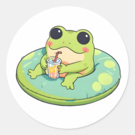 かわいいちびカエル 夏 プール レモネードデザイン ラウンドシール