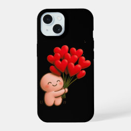 かわいいちびキャラが赤いハートバルーンを持っているデザイン iPhone 15ケース