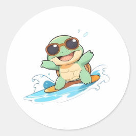かわいいちびキャラのカメサーファー 夏のビーチデザイン ラウンドシール