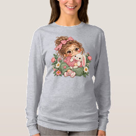 かわいいちびキャラのガールズ刺繍風フラワーモチーフの秋コーデ Tシャツ