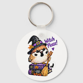 かわいいちびキャラのスズメのハロウィン魔女「 Witch Please 」 キーホルダー