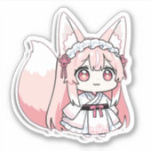 かわいいちびキャラのピンクの狐少女  シール (正面)