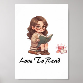 かわいいちびキャラの女の子が本を読む ポスター