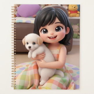 かわいいちびキャラの女の子が白い仔犬を抱っこしているプランナー プランナー手帳