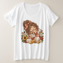 かわいいちびキャラの女の子と子猫のフローラル刺繍デザイン プラスサイズTシャツ
