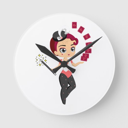 かわいいちびキャラの女性マジシャンがカードマジックを披露 ラウンド壁時計 (正面)