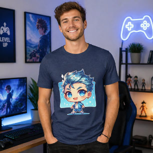 かわいいちびキャラの少年 青い水をテーマにしたアニメアート トライブレンドTシャツ
