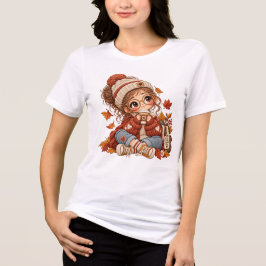 かわいいちびキャラの秋の女の子　刺繍風のゆるいTシャツ トライブレンドＴシャツ