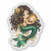 かわいいちびキャラの緑の人魚と金の真珠の貝殻 シール (正面)