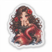 かわいいちびキャラの赤い人魚とハイビスカスの花 シール (正面)