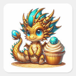 かわいいちびキャラの金と青のドラゴンとカップケーキ スクエアシール
