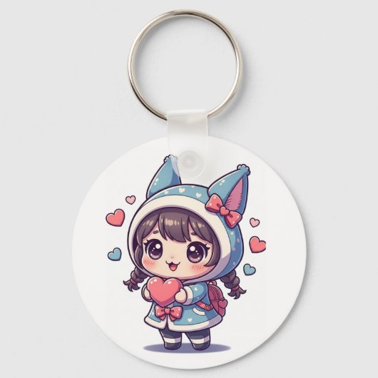 かわいいちびキャラ女子のハート型キーチェーン キーホルダー (正面)