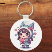 かわいいちびキャラ女子のハート型キーチェーン キーホルダー (正面)