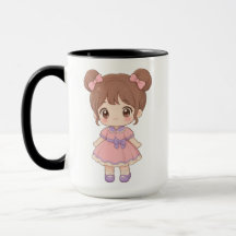 かわいいちびキャラ女子の三つ編みおさげとピンクドレスのマグカップ | キュート