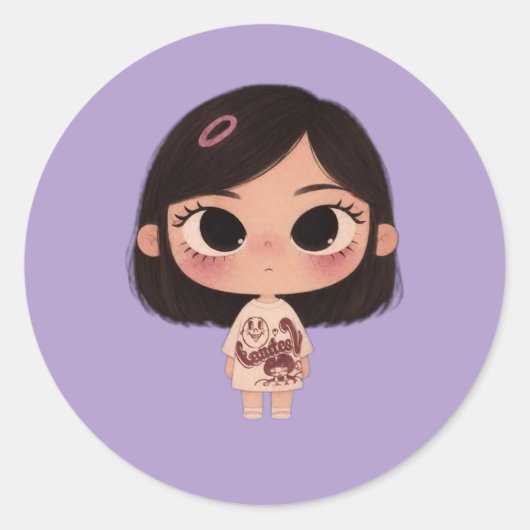 かわいいちびキャラ女子イラスト 丸型 ピンバッジ ラウンドシール (正面)