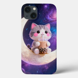 かわいいちびキャラ風の猫のピンクほっぺケース iPhone 13ケース
