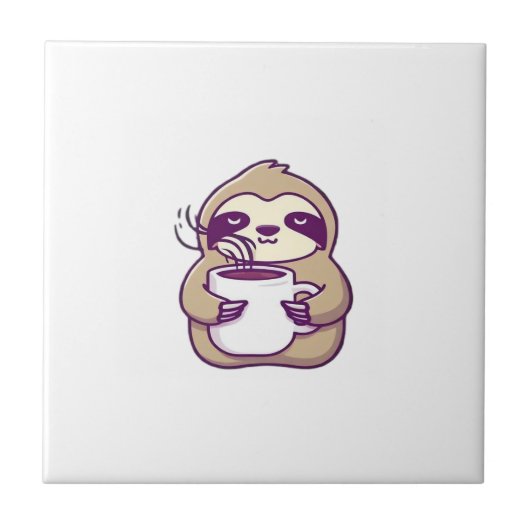 かわいいちびスロースとコーヒーマグ � かわいい眠そうなA タイル (正面)