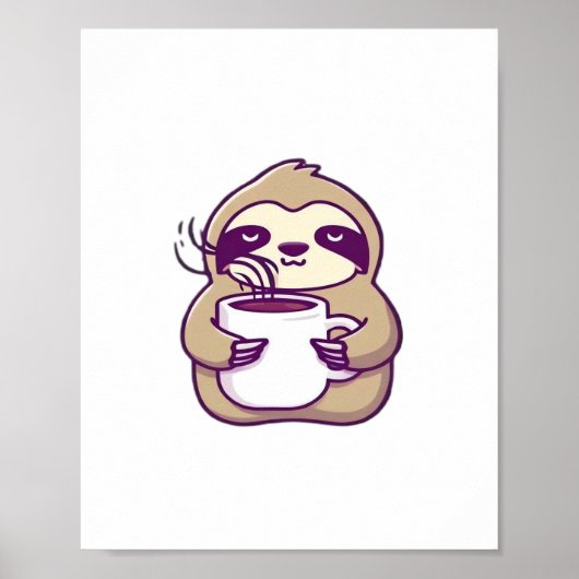 かわいいちびナマケモノとコーヒーマグ � かわいい眠そうなA ポスター (正面)