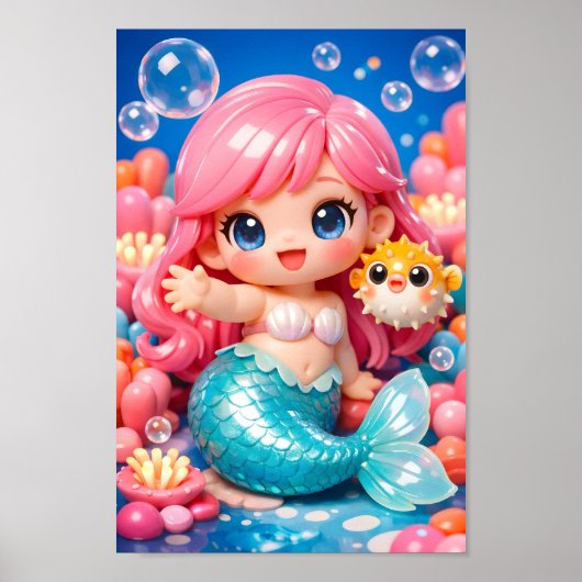 かわいいちび人魚とフグの友達 海 ポスター (正面)