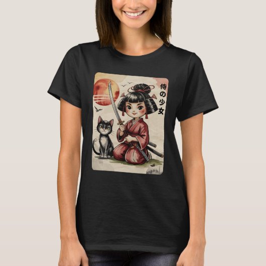 かわいいちび侍女子+刀猫 日本 Tシャツ (正面)
