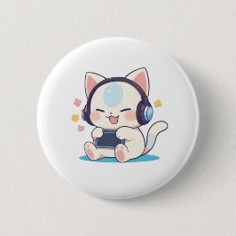 かわいいちび猫のゲーミングヘッドホンポータブルゲーム機 缶バッジ