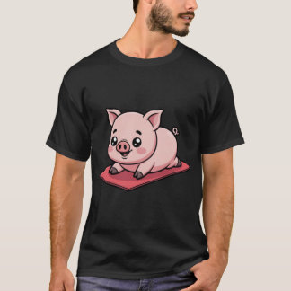 かわいいちび豚のヨガポーズ転倒 コミカルなカワイイデザイン Tシャツ