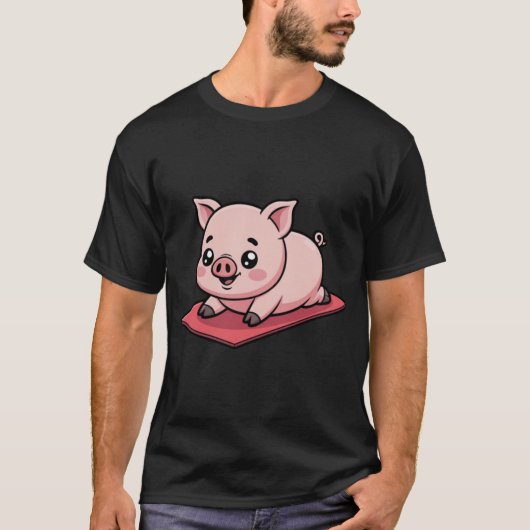 かわいいちび豚のヨガポーズ転倒 コミカルなカワイイデザイン Tシャツ (正面)