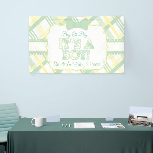 かわいいちょうネクタイ、それは男の子、格子縞のベビーシャワーです 横断幕 (トレードショー)