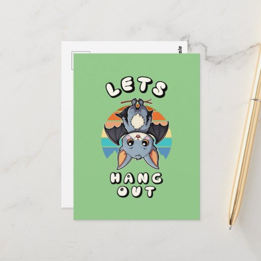 かわいいつるこうもりとレトロの夕日 | 出てくつるれ ポストカード (正面/裏面インサイチュ)