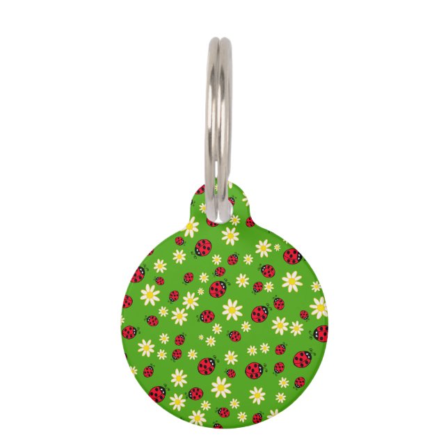 かわいいてんとう虫およびデイジーの花模様の緑 ペット　ネームタグ (正面)